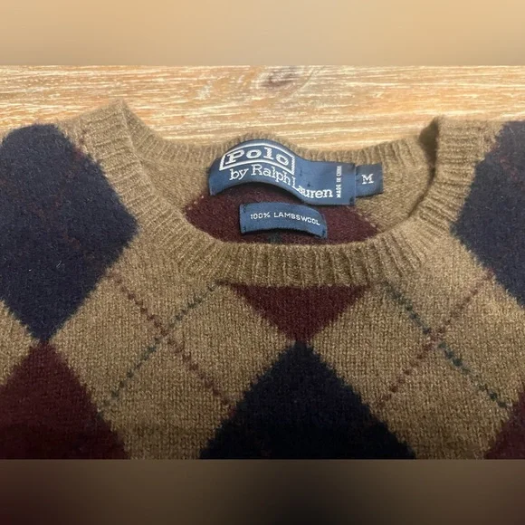 MENS POLO RALPH LAUREN ARGYLE 100% LAMBSWOOL SWEATER, MEDIUM